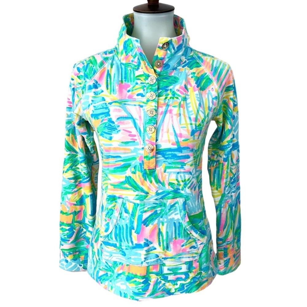 Lilly Pulitzer Mock Neck 1/4 Button Captain Pullover Florescent Seasalt & Sun